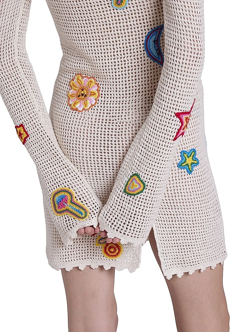 Crocheted Patchy Off-the-Shoulder Minidress