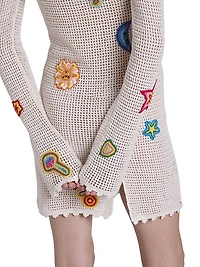 Crocheted Patchy Off-the-Shoulder Minidress