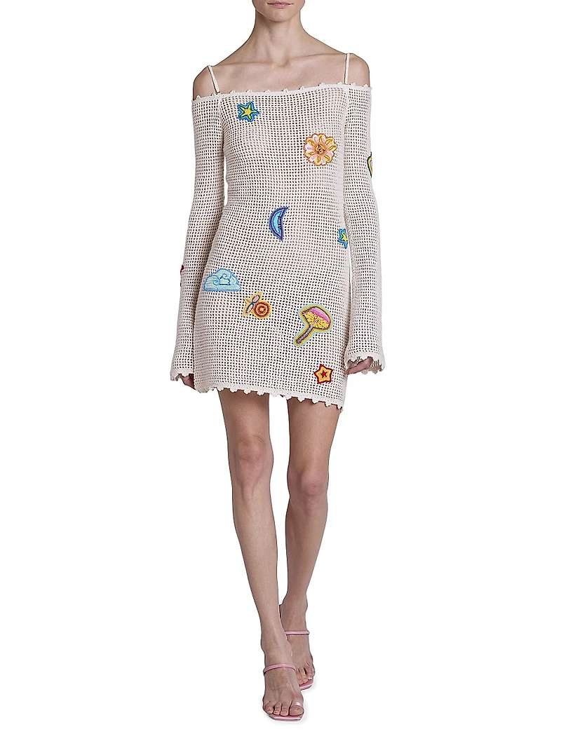 Crocheted Patchy Off-the-Shoulder Minidress