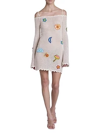 Crocheted Patchy Off-the-Shoulder Minidress