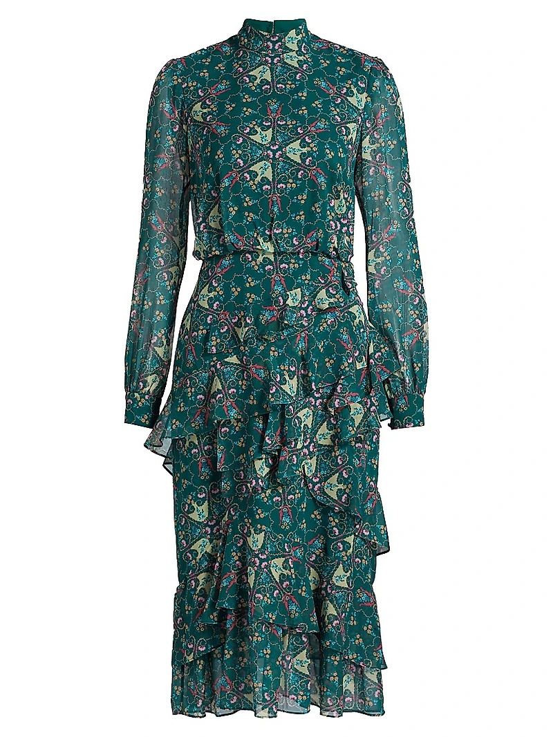 Isa Printed Ruffled Silk Midi-Dress