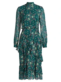 Isa Printed Ruffled Silk Midi-Dress