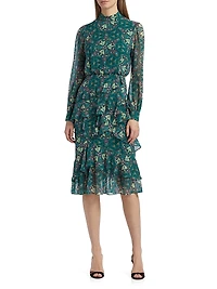 Isa Printed Ruffled Silk Midi-Dress