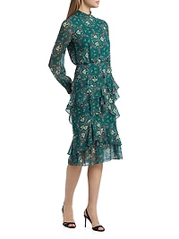 Isa Printed Ruffled Silk Midi-Dress