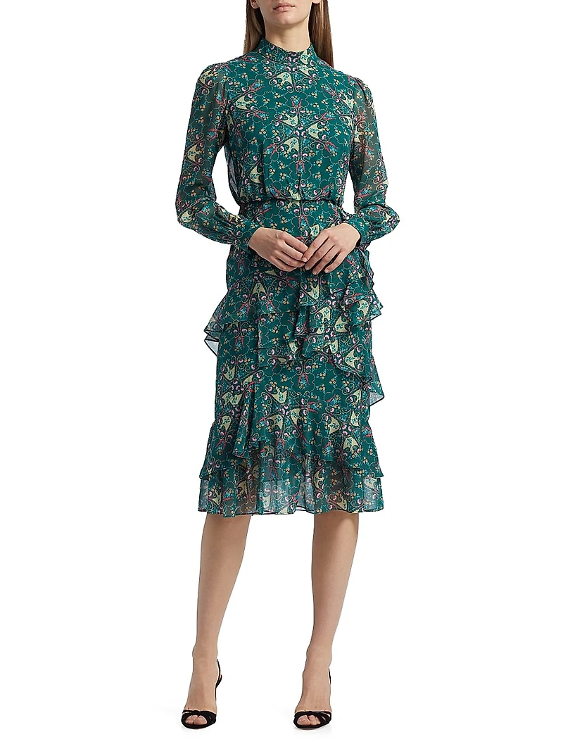 Isa Printed Ruffled Silk Midi-Dress