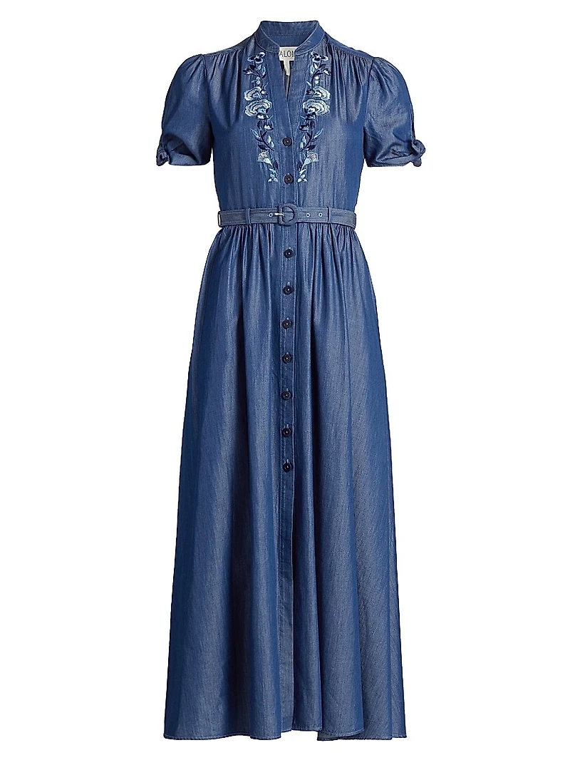 Ena Floral-Embroidered Cotton-Blend Midi Shirtdress