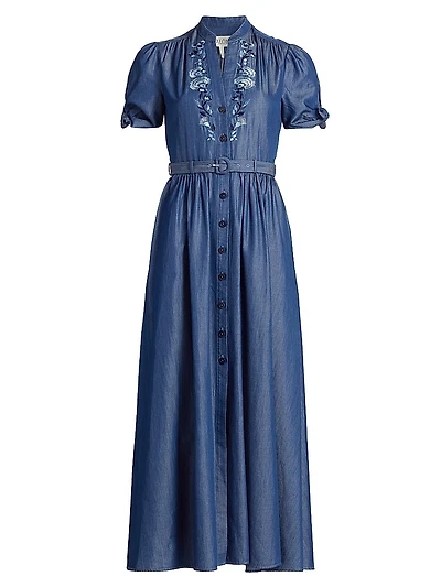 Ena Floral-Embroidered Cotton-Blend Midi Shirtdress