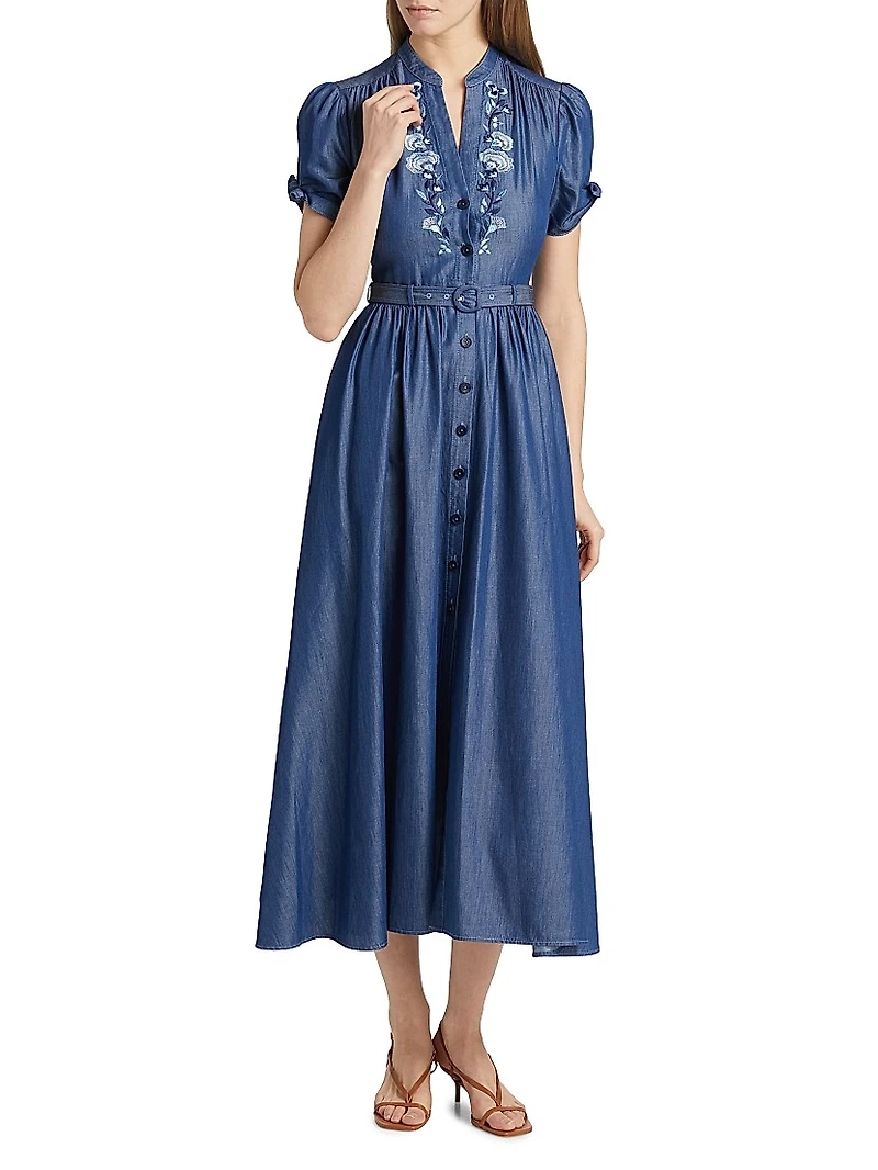 Ena Floral-Embroidered Cotton-Blend Midi Shirtdress