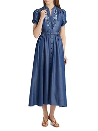 Ena Floral-Embroidered Cotton-Blend Midi Shirtdress