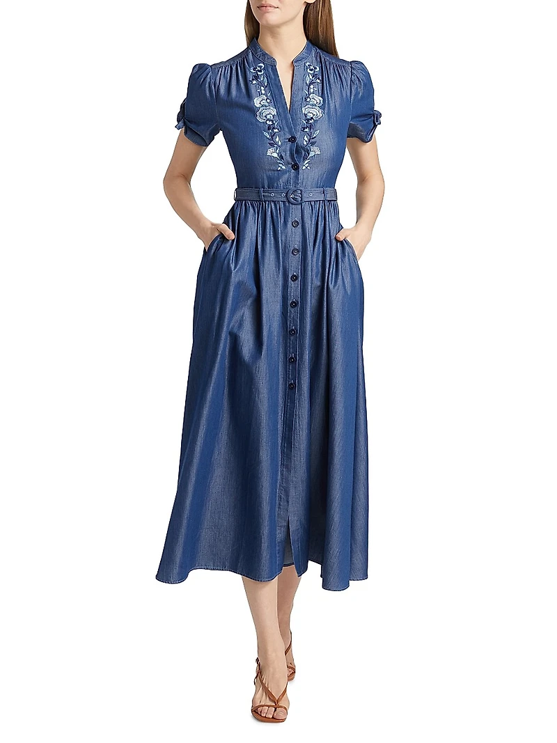 Ena Floral-Embroidered Cotton-Blend Midi Shirtdress