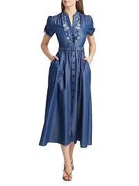 Ena Floral-Embroidered Cotton-Blend Midi Shirtdress