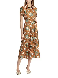 Vanessa D Floral Silk Tiw-Waist Midi-Shirtdress