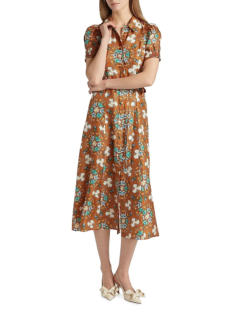 Vanessa D Floral Silk Tiw-Waist Midi-Shirtdress