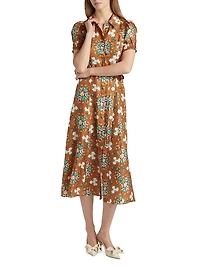 Vanessa D Floral Silk Tiw-Waist Midi-Shirtdress