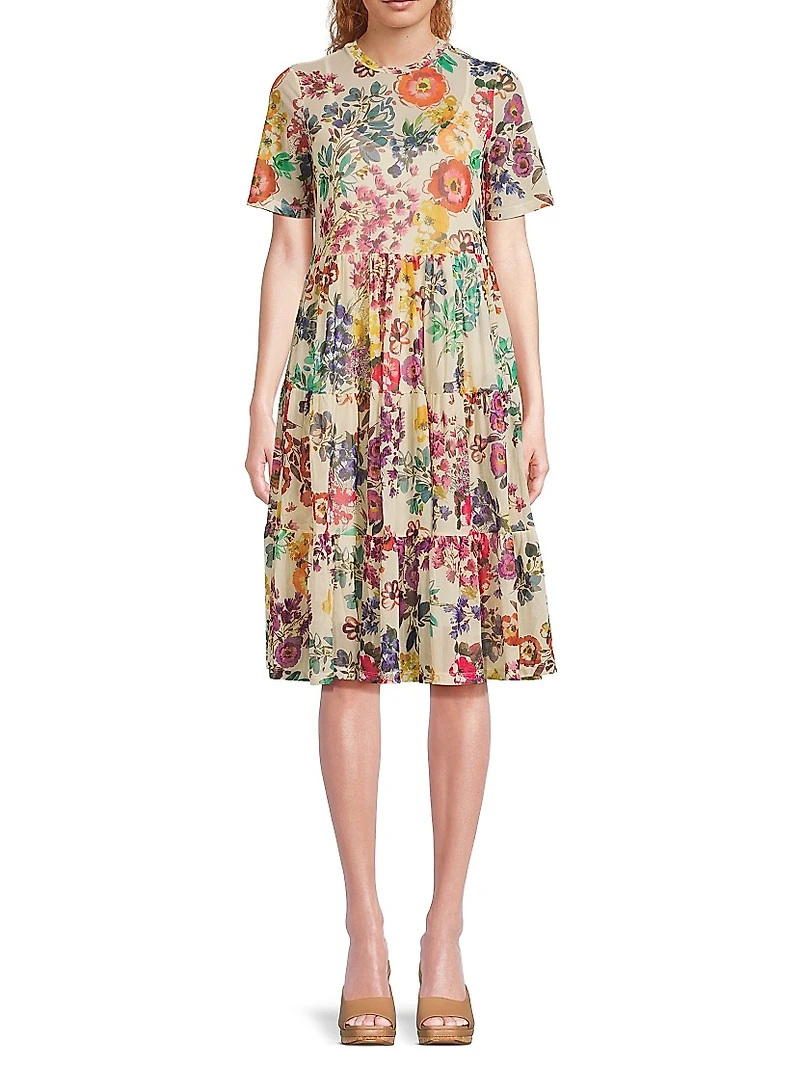 Evalon Floral Mesh Tiered Dress