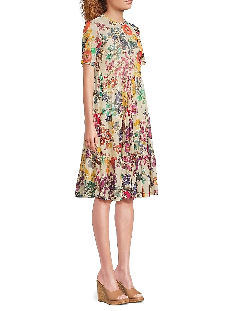 Evalon Floral Mesh Tiered Dress