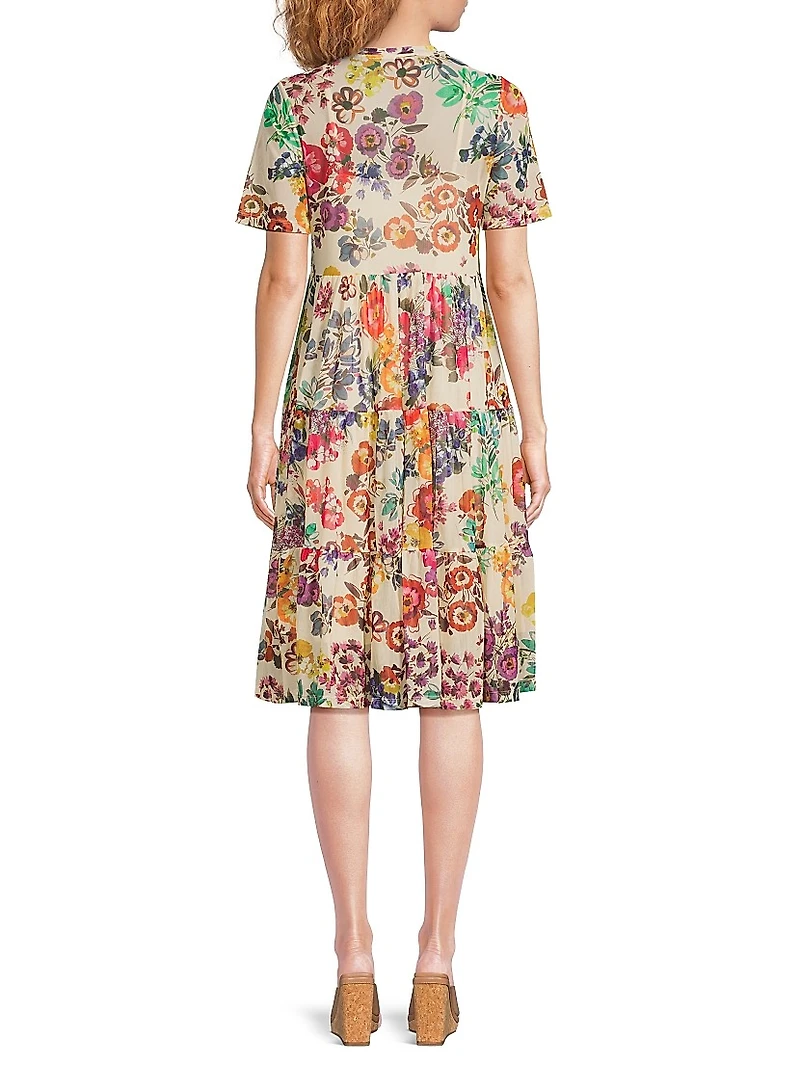 Evalon Floral Mesh Tiered Dress