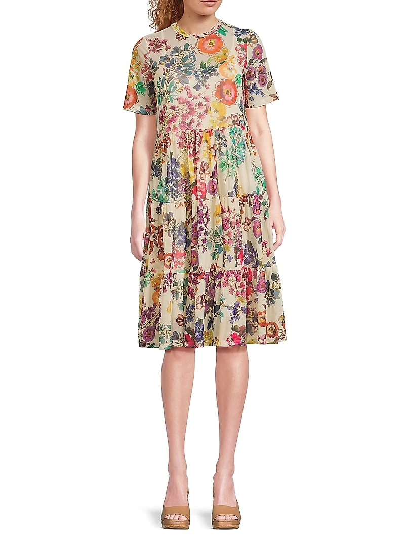 Evalon Floral Mesh Tiered Dress