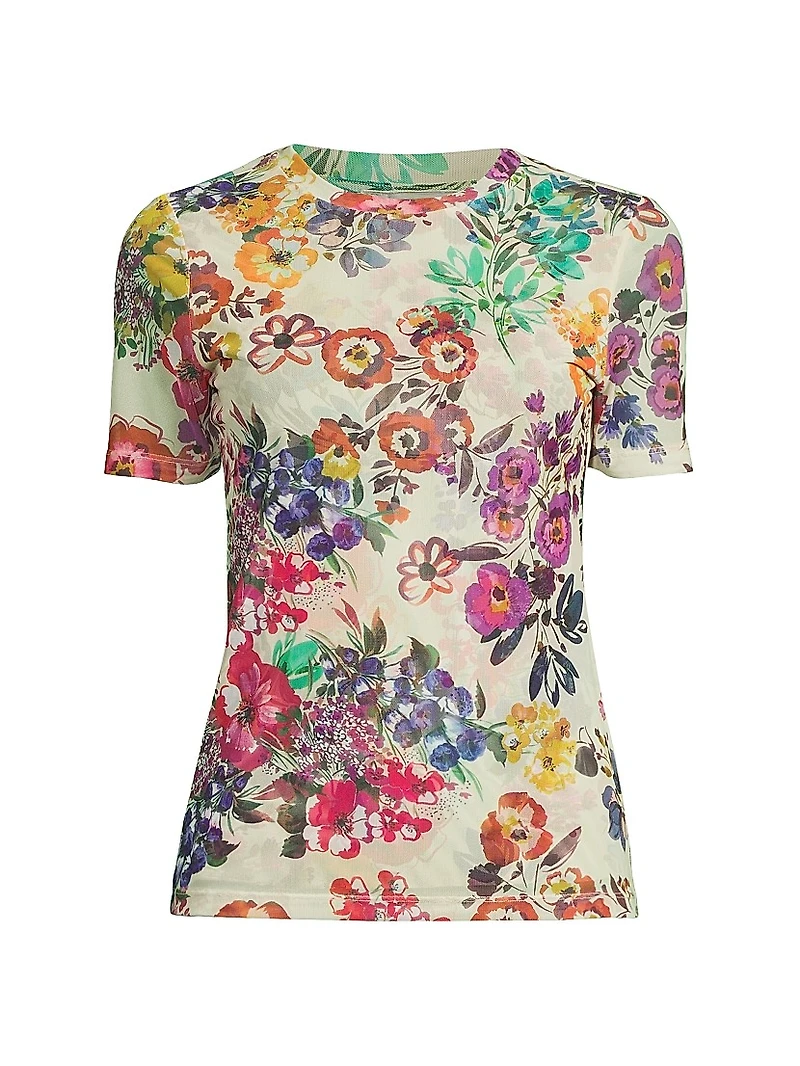 Evalon Floral Mesh Short-Sleeve Top