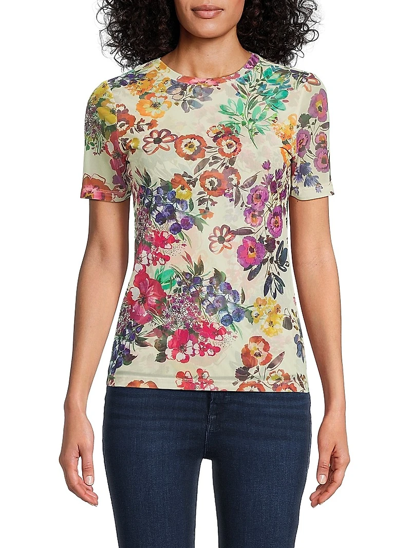 Evalon Floral Mesh Short-Sleeve Top