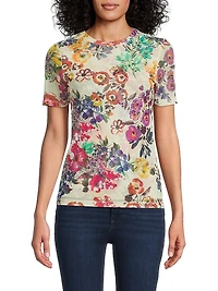 Evalon Floral Mesh Short-Sleeve Top