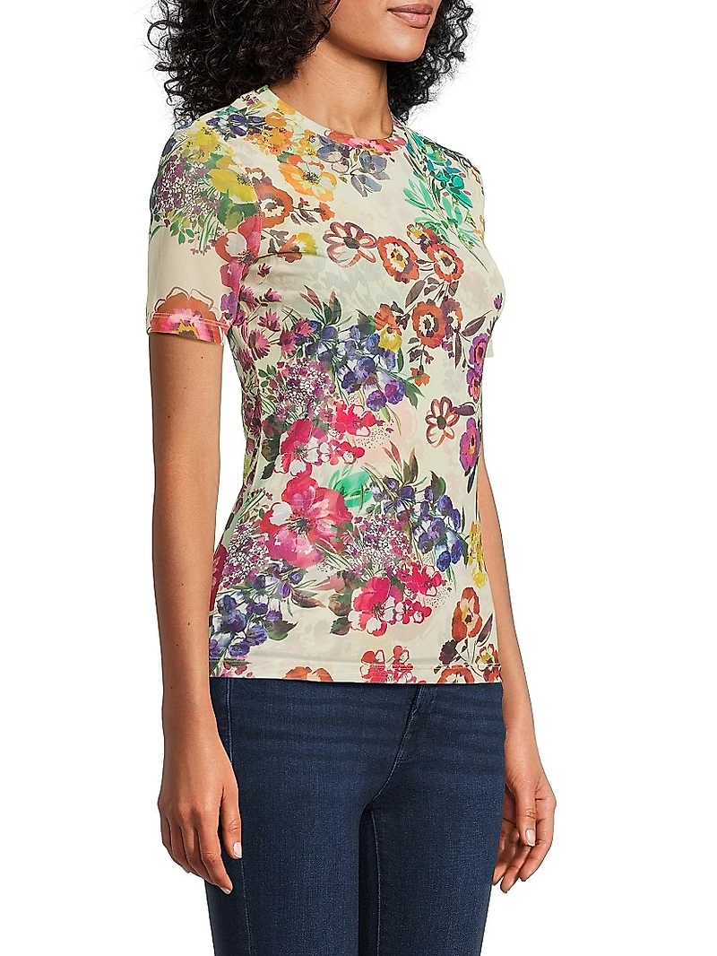 Evalon Floral Mesh Short-Sleeve Top