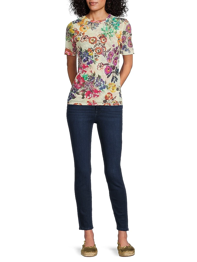 Evalon Floral Mesh Short-Sleeve Top