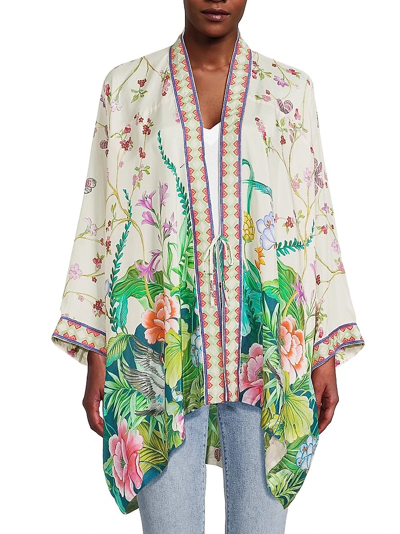 D'amour Shae Floral Silk Kimono-Inspired Robe