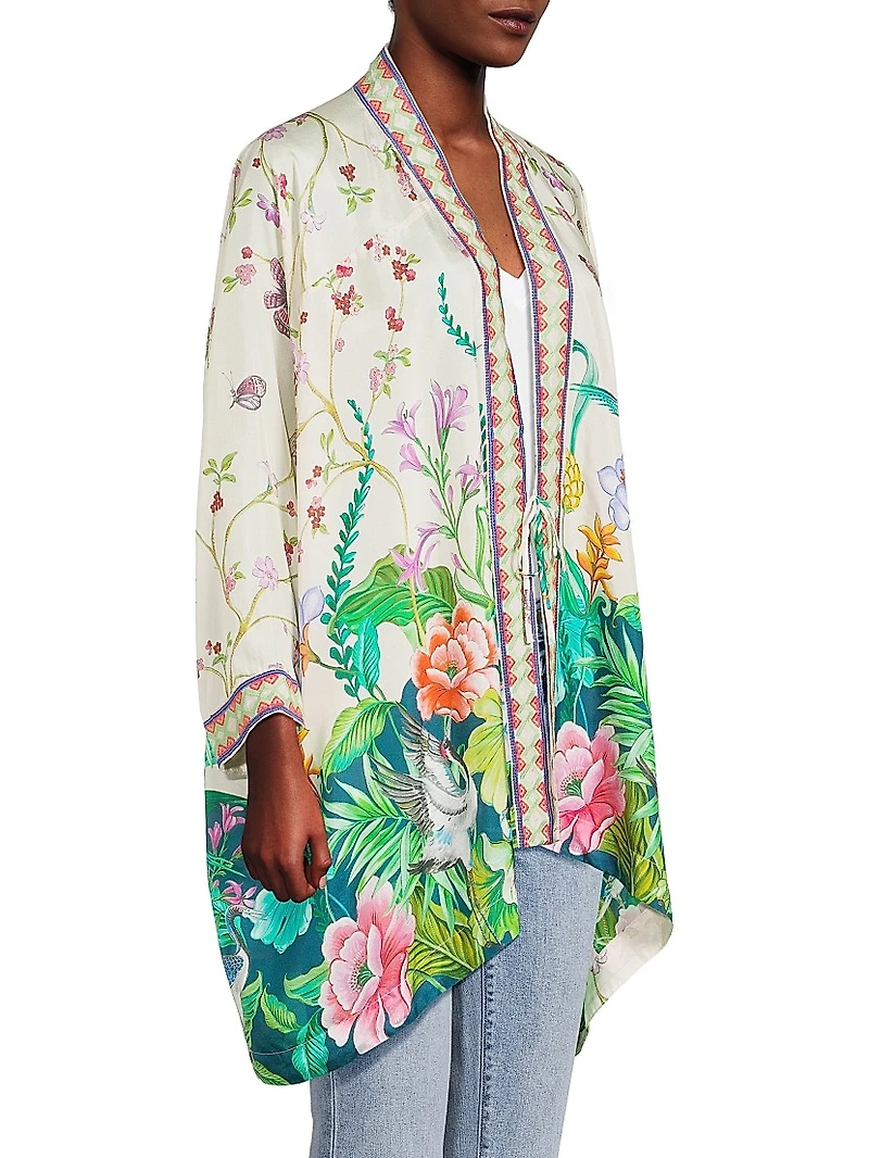 D'amour Shae Floral Silk Kimono-Inspired Robe