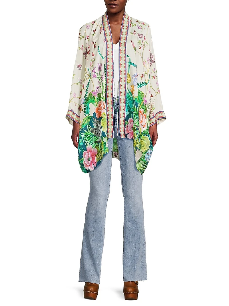 D'amour Shae Floral Silk Kimono-Inspired Robe