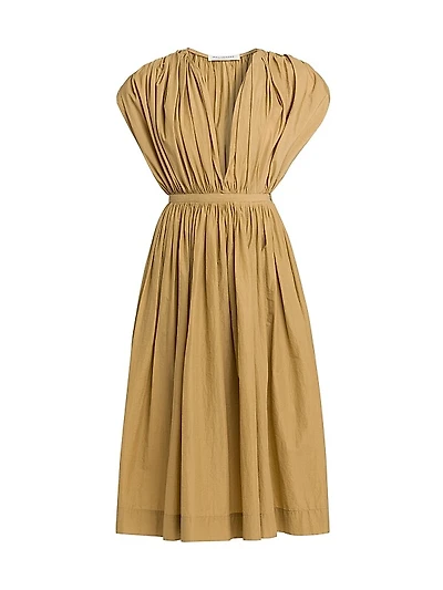 Gathered Cotton-Blend Midi-Dress