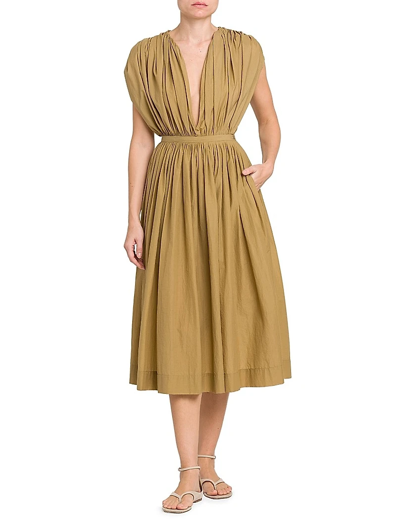 Gathered Cotton-Blend Midi-Dress