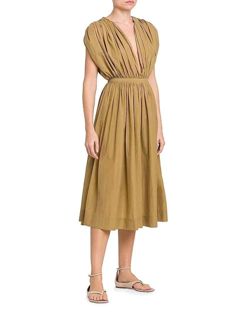 Gathered Cotton-Blend Midi-Dress