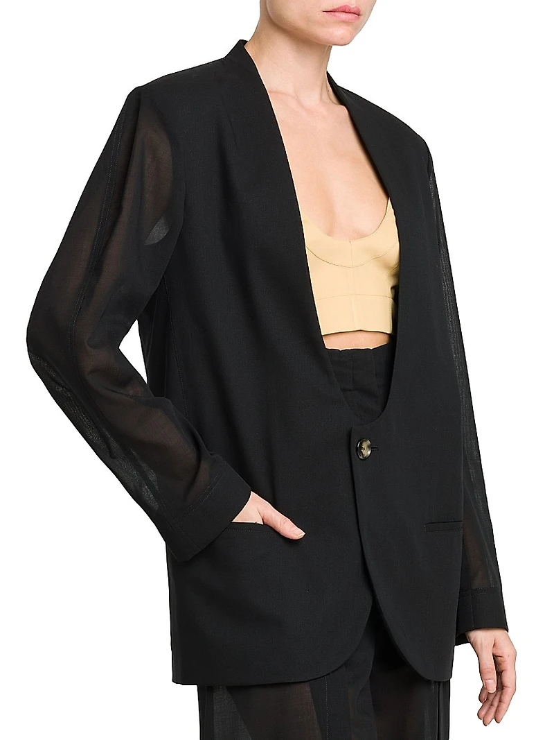 Sheer Wool-Blend Voile U-Neck Blazer