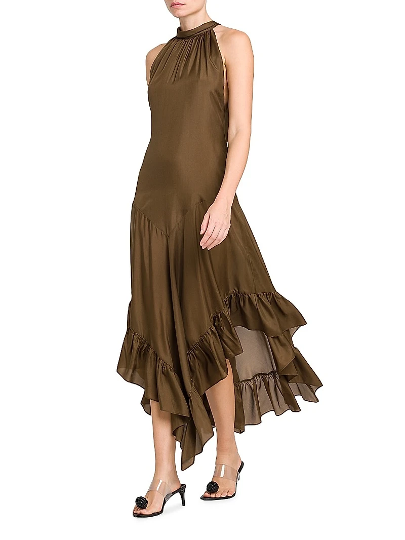 Ruffled Silk Halter Maxi Dress