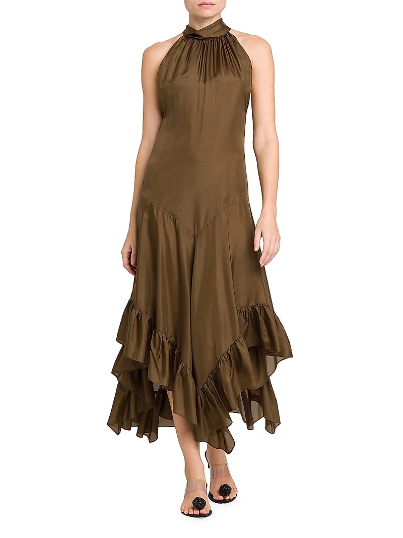 Ruffled Silk Halter Maxi Dress