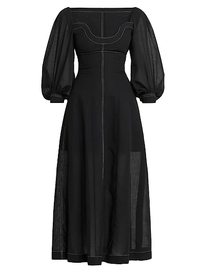 Topstitched Puff-Sleeve Bustier Maxi Dress