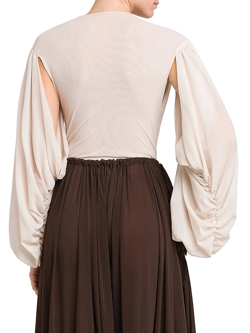 Gathered Stretch-Tulle Bodysuit