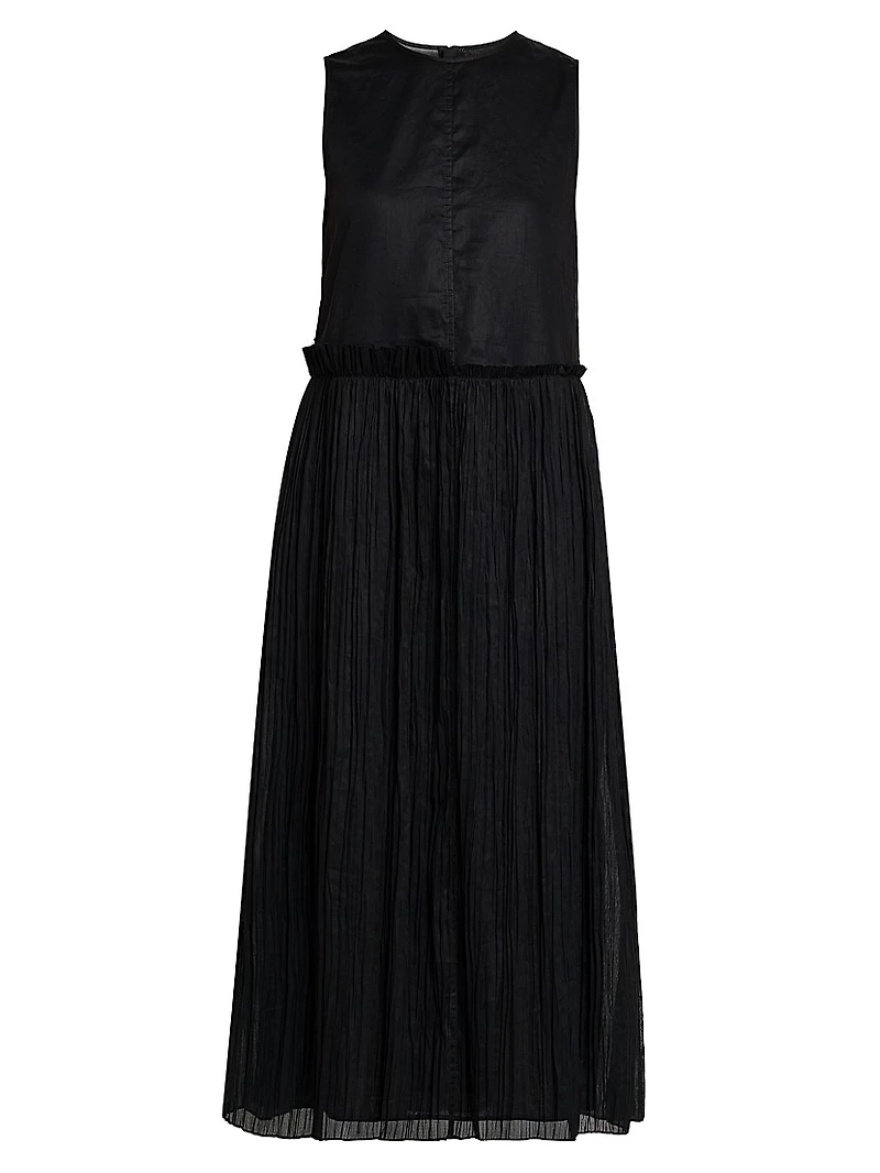 Pleated Cotton Sleeveless Midi-Dress