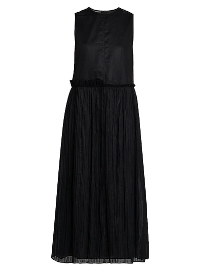 Pleated Cotton Sleeveless Midi-Dress