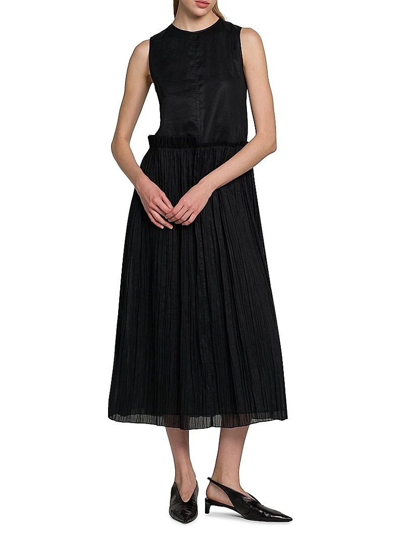 Pleated Cotton Sleeveless Midi-Dress