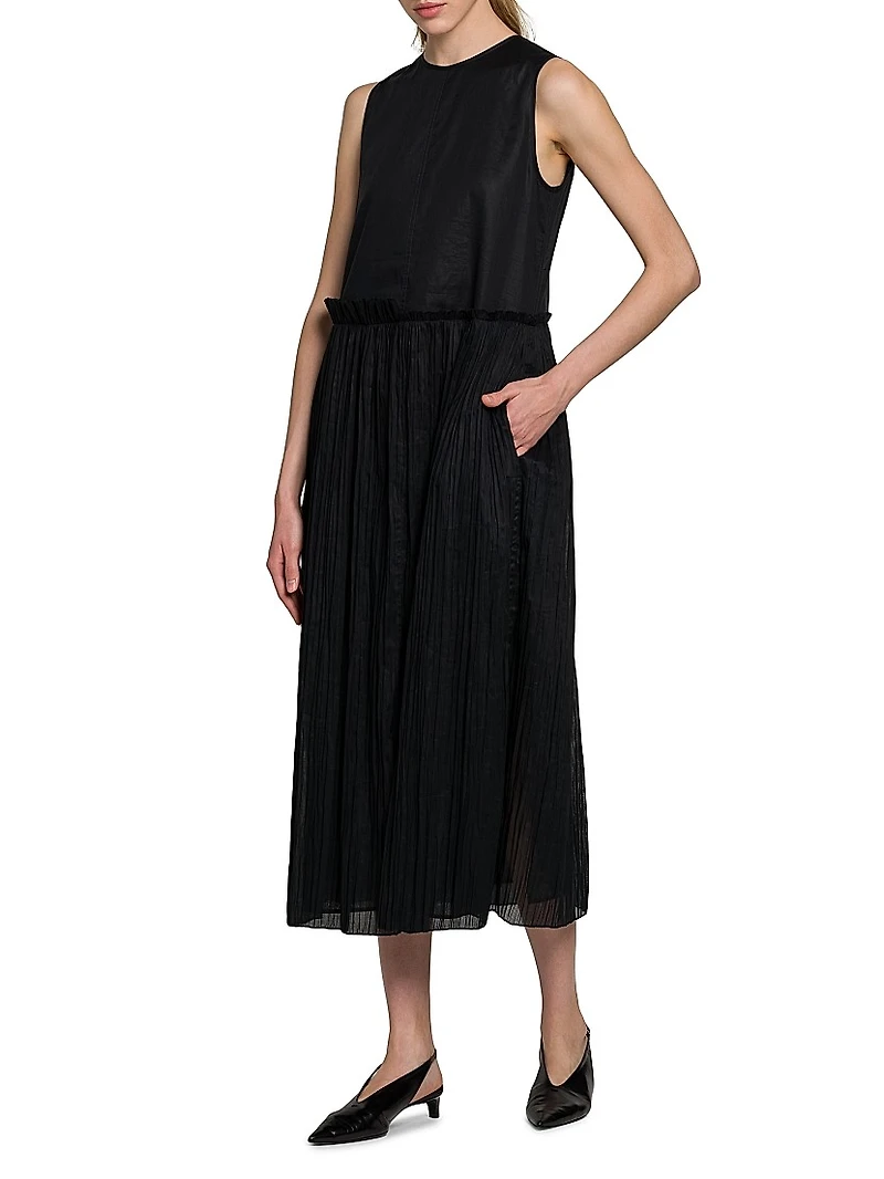 Pleated Cotton Sleeveless Midi-Dress
