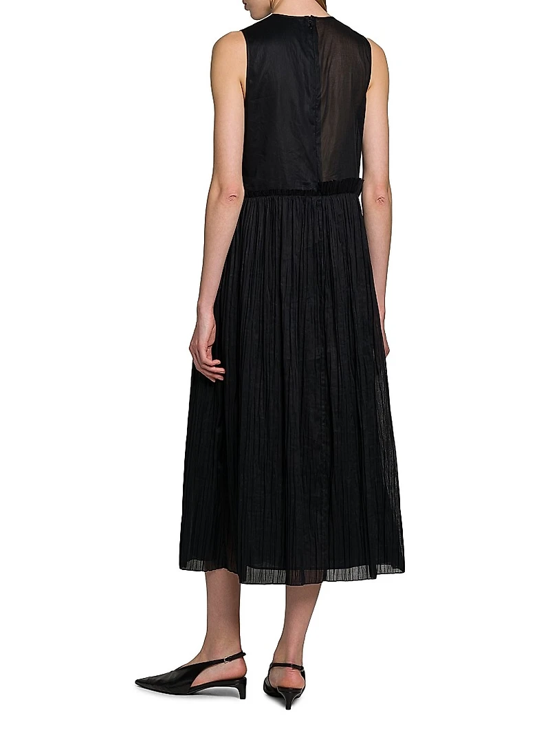 Pleated Cotton Sleeveless Midi-Dress