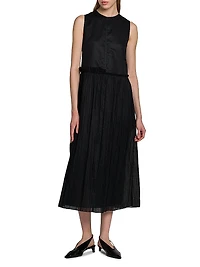 Pleated Cotton Sleeveless Midi-Dress