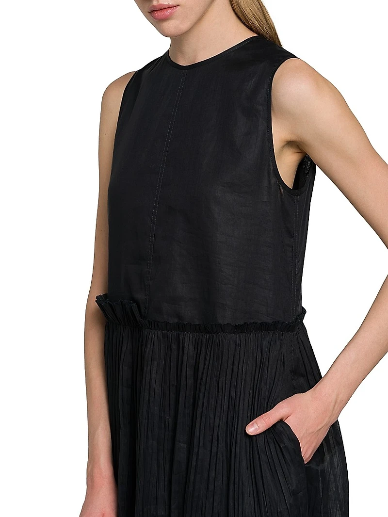 Pleated Cotton Sleeveless Midi-Dress