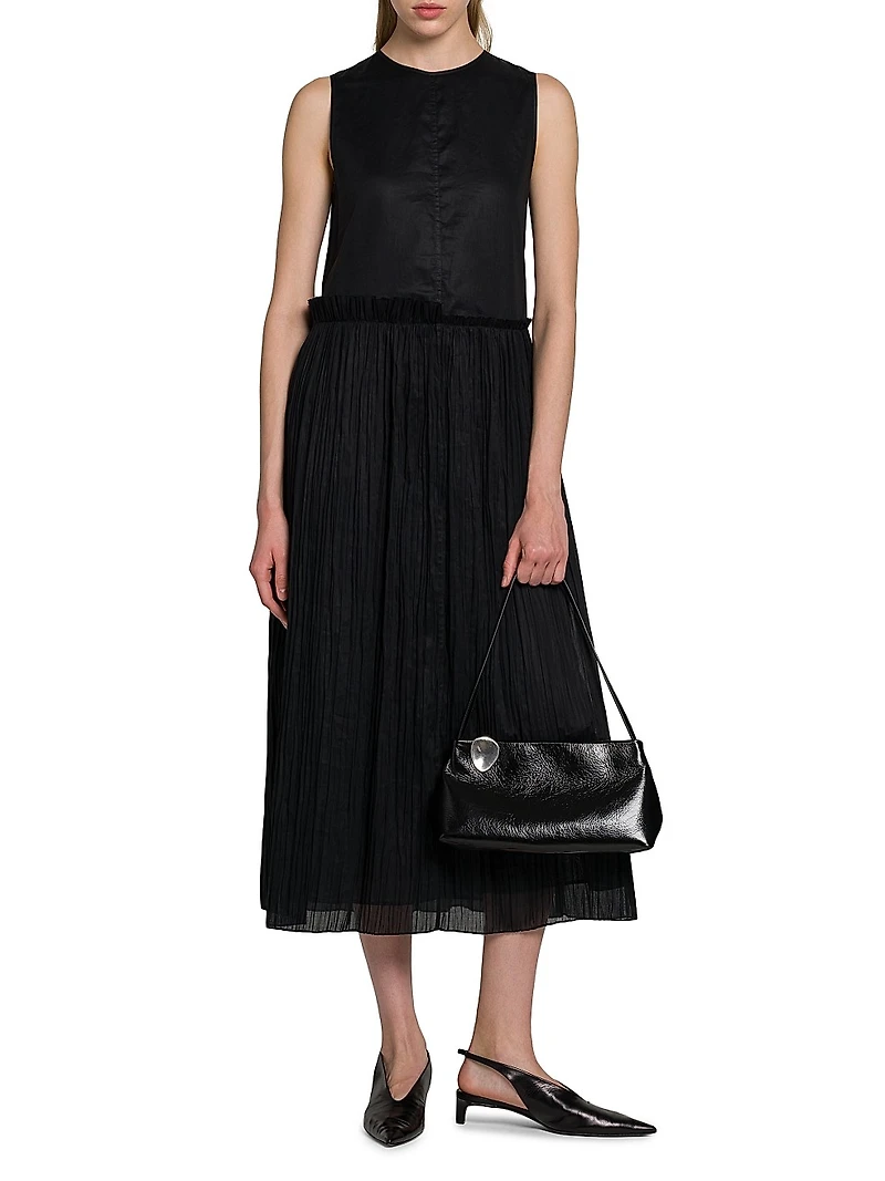 Pleated Cotton Sleeveless Midi-Dress