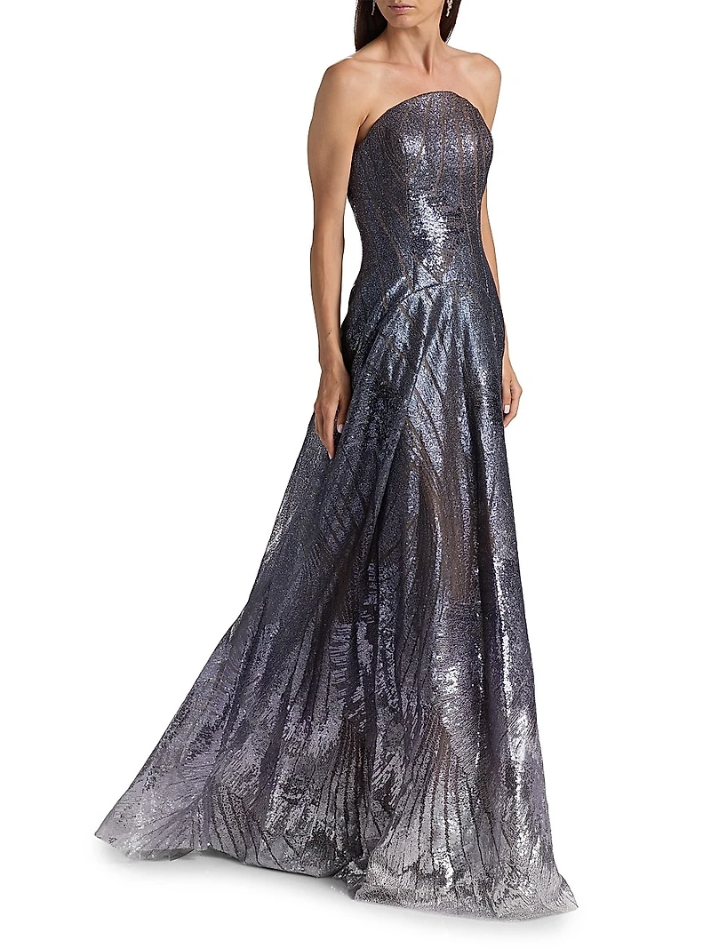 Sequin-Embroidered A-Line Strapless Gown