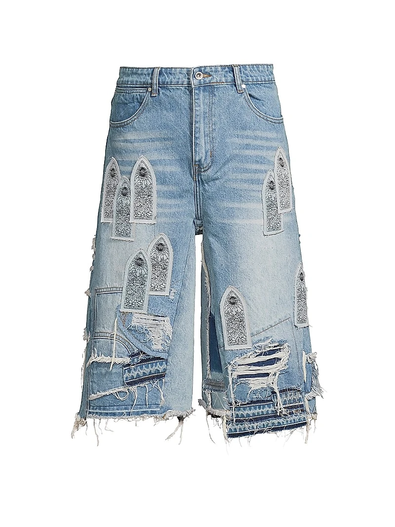 Patched Arch Blowout Denim Shorts