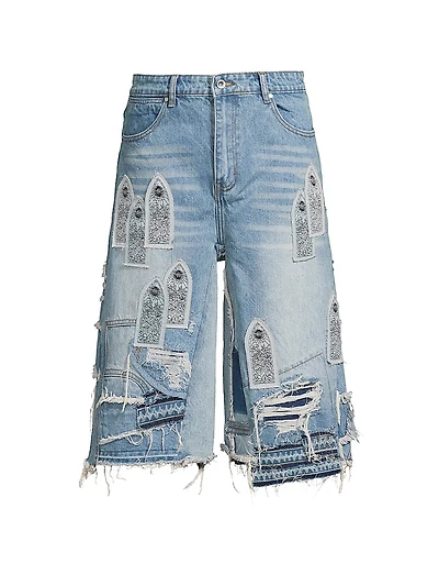 Patched Arch Blowout Denim Shorts
