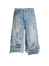 Patched Arch Blowout Denim Shorts